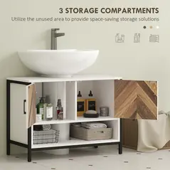 HOMCOM Under Sink Bathroom Cabinet, Rustic Under Sink Cabinet with Herringbone Doors and Open Compartment for Basin with or without Pedestal, 80 x 40 x 60cm, Cream White - 5