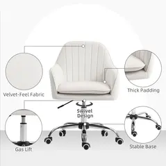 HOMCOM Velvet-Feel Office Chair with Adjustable Height and Wheels - Cream White - 5