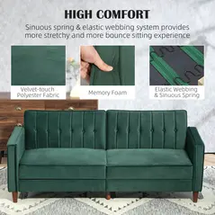 HOMCOM Velvet-Feel Three-Seater Sofa Bed - Green - 6