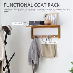HOMCOM Wall Mounted Coat Clothes Hat Hanger 4 Hooks Rack Stand with Rail & Storage Shelf for Hallway Entryway Bedroom Bathroom - 4