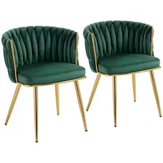 HOMCOM Velvet-Feel Dining Chairs Set of 2, Modern Upholstered Kitchen Chairs with Woven Backrest and Armrests, Metal Legs and Padded Seat for Dining Room, Bedroom, Living Room, Dark Green - 1