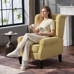 HOMCOM Wingback Accent Chair, Retro Upholstered Button Tufted Occasional Chair for Living Room and Bedroom, Yellow - 2