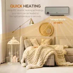 HOMCOM Wall Downflow Heater 2 Heat and Fan 1000W/2000W, Electric Space Heater with Timer Remote Oscillating, for Bedroom Home Office, Grey - 6