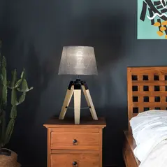 HOMCOM Wooden Tripod Table Lamp for Side, Desk or End Table with E27 Bulb Base（Grey Shade） - 2