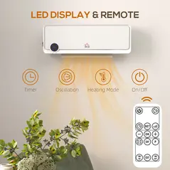 HOMCOM Wall Downflow Heater 2 Heat and Fan 1000W/2000W, Electric Space Heater with Timer Remote Oscillating, for Bedroom Home Office, White - 5