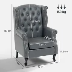 HOMCOM Wingback Accent Chair Tufted Chesterfield-style Armchair with Nail Head Trim for Living Room Bedroom Grey - 3