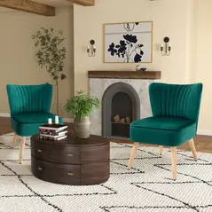 HOMCOM Velvet Accent Chair Occasional Tub Seat Padding Curved Back with Wood Frame Legs Home Furniture Set of 2 Green - 2