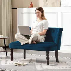 HOMCOM Velvet 2 Seater Sofa, Button Tufted Wingback Loveseat with Rubber Wood Legs for Living Room, Bedroom, Dark Blue - 8