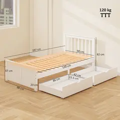 HOMCOM Wooden Single Bed Frame, with Drawers - White - 3