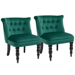 HOMCOM Velvet Accent Chair Set of 2, Button Tufted Wingback Chair with Rubber Wood Legs for Living Room, Bedroom, Dark Green - 1