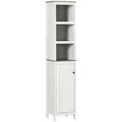 kleankin Tall Bathroom Storage Cabinet, Freestanding Tower Cabinet with 3 Open Shelves and Adjustable Shelf, Antique White - 1