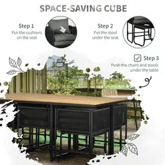 Outsunny 10 Seater Rattan Cube Garden Furniture Set, Rattan Dining Set with Cushions, Outdoor Dining Table and Chairs with 6 Armchairs, 4 Stools, Rectangular Wood Grain Plastic Top Table, Black - 7