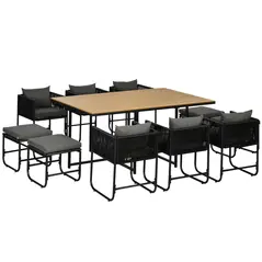 Outsunny 10 Seater Rattan Cube Garden Furniture Set, Rattan Dining Set with Cushions, Outdoor Dining Table and Chairs with 6 Armchairs, 4 Stools, Rectangular Wood Grain Plastic Top Table, Black - 1