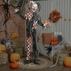 Outsunny 183 cm Life Size Halloween Animated Clown & Skull Staff with Red Light Up Eyes, Sound Activated Moving Arms & Head, Scary Clown Halloween Decorations, Battery Operated, Indoor Party Props - 3
