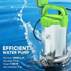 Outsunny 1100W Submersible Water Pump for Dirty/Clean Water, 18500L/H Electric Sump Pump with Float Switch, Drain Water from Garden Pond, Hot Tub, Ditches, Portable and Lightweight, Green - 4