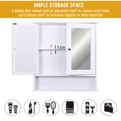 kleankin Wall-mounted Bathroom Cabinet Mirror Door Organiser Storage Shelves Living Room White - 6