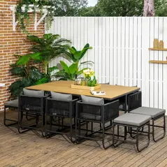 Outsunny 10 Seater Rattan Cube Garden Furniture Set, Rattan Dining Set with Cushions, Outdoor Dining Table and Chairs with 6 Armchairs, 4 Stools, Rectangular Wood Grain Plastic Top Table, Black - 2
