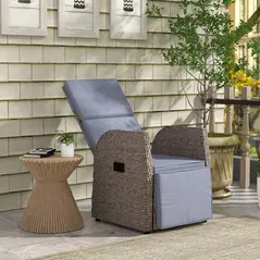 Outsunny 148° Reclining Rattan Garden Armchair, with Footrest - Brown/Grey - 2
