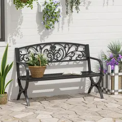 Outsunny 127L x 60W x 85H cm Powder Coated Garden Bench for Patio Backyard, Steel-Black - 2