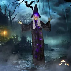 Outsunny 183 cm Life Size Halloween Animated Hanging Witch with Glowing LED Eyes & Body, Spooky Witch Scary Halloween Decorations, Battery Operated, Indoor Party Props - 9