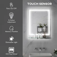 kleankin Large Vanity Mirror with Lights and Shelf, Illuminated bathroom Mirror with 3 Colour Brightness, Smart Touch, Anti-Fog - 4