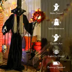 Outsunny 170 cm Life Size Halloween Animated Standing Witch & Staff with Glowing LED Eyes, Spooky Witch Scary Halloween Decorations, Battery Operated, Indoor Party Props - 6