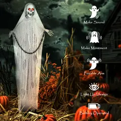Outsunny 183 cm Life Size Halloween Animated Skeleton Grim Reaper with Glowing LED Eyes, Scary Halloween Decorations, Battery Operated, Indoor Party Props - 6
