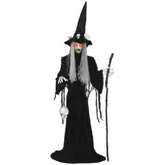 Outsunny 170 cm Life Size Halloween Animated Standing Witch & Staff with Glowing LED Eyes, Spooky Witch Scary Halloween Decorations, Battery Operated, Indoor Party Props - 1
