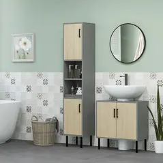 kleankin Bathroom Furniture Set with Doors, Tall Bathroom Cabinet with Adjustable Shelves, Under Sink Cabinet, Grey - 2