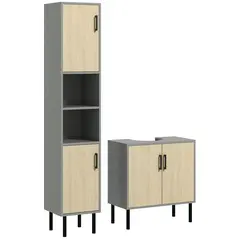 kleankin Bathroom Furniture Set with Doors, Tall Bathroom Cabinet with Adjustable Shelves, Under Sink Cabinet, Grey - 1