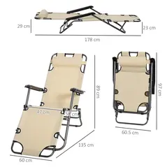 Outsunny 2 in 1 Folding Sun Lounger Reclining Garden Chair Set of 2 with 2-Level Adjustable Backrest, Outdoor Zero Gravity Recliner Garden Chairs with Head Pillow and Armrests, Beige - 3