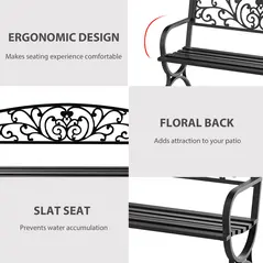 Outsunny 127L x 60W x 85H cm Powder Coated Garden Bench for Patio Backyard, Steel-Black - 5