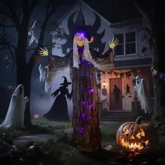 Outsunny 183 cm Life Size Halloween Animated Hanging Witch with Glowing LED Eyes & Body, Spooky Witch Scary Halloween Decorations, Battery Operated, Indoor Party Props - 2