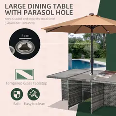 Outsunny 10 Seater Rattan Cube Garden Furniture Set with Parasol Hole, Rattan Dining Set with Cushions, Outdoor Dining Table and Chairs with Rectangular Glass Top Table for Patio, Mixed Grey - 5
