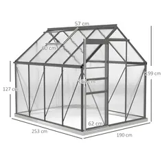 Outsunny 190 x 253 cm Walk-In Polycarbonate Greenhouse - Dark Grey - 3