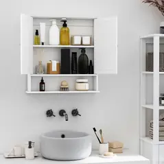 kleankin Wall-mounted Bathroom Cabinet Mirror Door Organiser Storage Shelves Living Room White - 4
