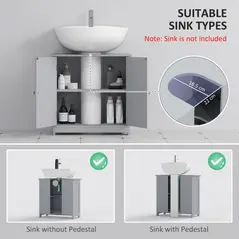 kleankin Under Sink Bathroom Cabinet, Freestanding Under Sink Cabinet with 2 Doors and Adjustable Shelf for Basin without or with Pedestal, Grey - 4