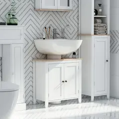 kleankin Under Sink Cabinet, Bathroom Sink Cabinet with 2 Doors, Pedestal Under Sink Design, Freestanding Bathroom Cupboard with Adjustable Shelf, White - 2