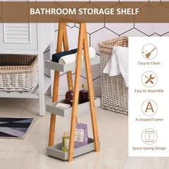 kleankin Bathroom Storage Shelves, 3-Tier Slim Shelving Unit, Freestanding Bamboo Shelf Unit, A Frame Space Saver Toilet Rack, Natural - 4