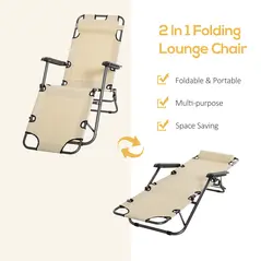 Outsunny 2 in 1 Folding Sun Lounger Reclining Garden Chair Set of 2 with 2-Level Adjustable Backrest, Outdoor Zero Gravity Recliner Garden Chairs with Head Pillow and Armrests, Beige - 4