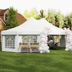 Outsunny 10 Sides Decagonal Garden Gazebo Marquee Party Tent Wedding Canopy Outdoor Heavy Duty Metal Frame (8.9m x 6.5m) - White - 9
