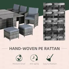 Outsunny 10 Seater Rattan Cube Garden Furniture Set with Parasol Hole, Rattan Dining Set with Cushions, Outdoor Dining Table and Chairs with Rectangular Glass Top Table for Patio, Mixed Grey - 6