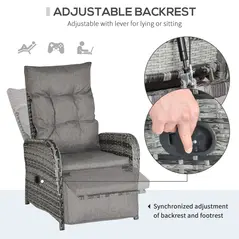 Outsunny 2 Seater Patio Wicker Chaise Lounge Sofa Set with Fabric Cushion, Grey - 5