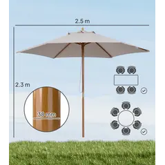 Outsunny 2.5m Wood Garden Parasol Sun Shade Patio Outdoor Wooden Umbrella Canopy, Table Market Umbrella with Vent, 38mm Pole, Rope Pulley Mechanism, Grey - 3