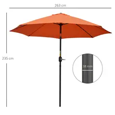 Outsunny 2.6M Patio Parasol Sun Umbrella, Tilt Shade Shelter Canopy with Crank 8 Ribs Aluminium Frame, Orange - 3