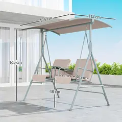 Outsunny 2 Seater Garden Swing Chair Patio Rocking Bench w/ Tilting Canopy, Double Padded Seats, Storage Bag and Tray, Beige - 3