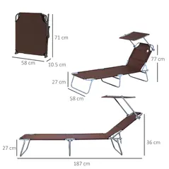 Outsunny 2 Pieces Outdoor Foldable Sun Lounger, 4 Level Adjustable Backrest Reclining Sun Lounger Chair with Angle Adjust Sun Shade Awning for Beach, Garden, Patio, Brown - 3