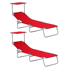 Outsunny 2 Piece Folding Sun Lounger, Lounge Chairs Reclining Sleeping Bed with Adjustable Sun Shade Awning for Beach, Patio - 1