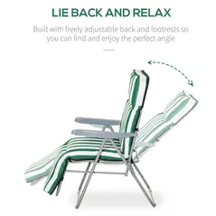 Outsunny 2 Pieces Outdoor Sun Lounger Set with Cushions, Patio Folding 5-Level   Adjustable Backrest Recliner Chairs Set of 2 with High Backrest and Armrests, Green & White - 4