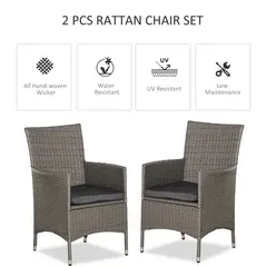 Outsunny 2 Pieces Outdoor PE Rattan Dining Chairs Set with Cushion, Garden Armchair with Armrests, High Backrest, Metal Frame Patio Wicker Furniture, Grey - 4